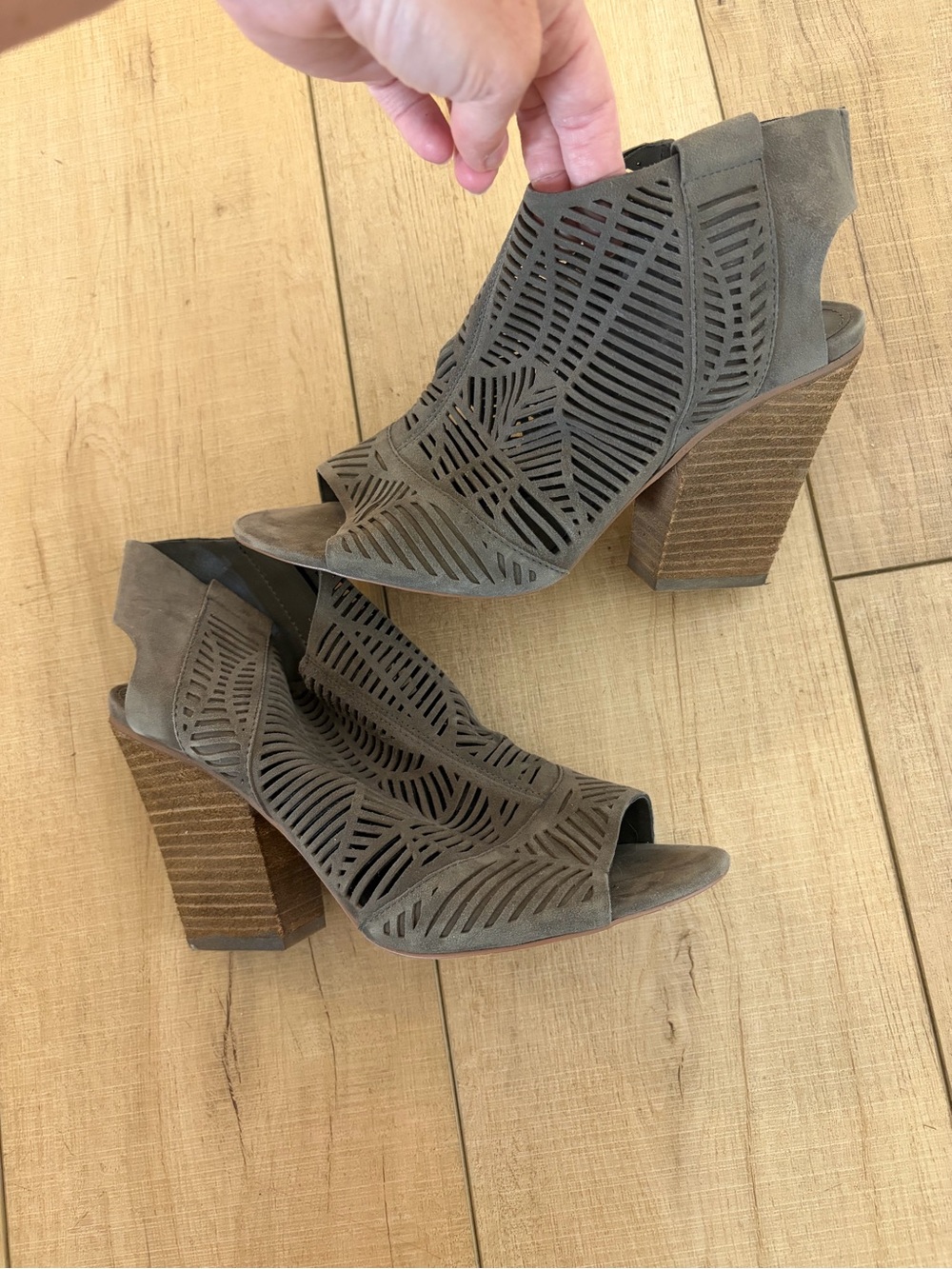 Vince Camuto Brown Suede Laser-Cut Peep Toe Block Heel Sandals
